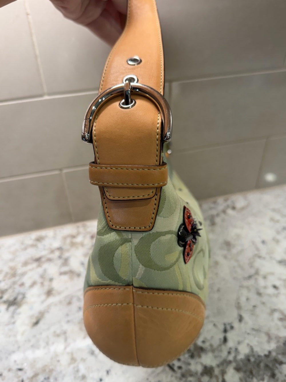 Vintage Coach Light Green Signature Hobo with Tan Trim and Ladybug Accents - Picture 3 of 16